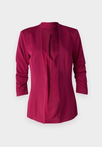 Přiléhavý vínový blazer s tříčtvrtečními rukávy, otevřeným předním dílem a hladkou texturou. Má jemný skládací detail u výstřihu.