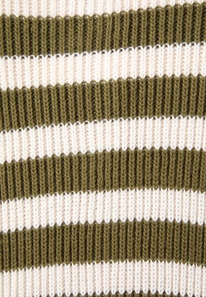 Neulepaita kangas, jossa vuorottelevat leveät raidat oliivinvihreästä ja vaaleasta kermasta. Ribattukuviointi tuo ulottuvuutta ja yksityiskohtia.