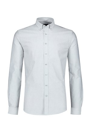 Camicia da uomo a maniche lunghe con righe verticali grigie e bianche e colletto con bottoni, mostrata su sfondo bianco.