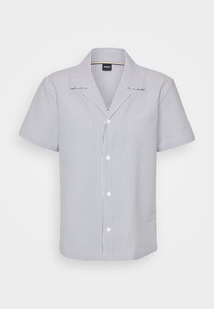 Short-sleeve shirt featuring a blue and white striped pattern, a collared neckline, and front button closure. Made from lightweight fabric.