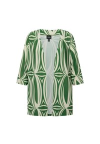 Kimono corto a maniche corte con motivo astratto verde e crema, con scollo a V e apertura frontale. Realizzato in tessuto leggero, presenta un design fluido.