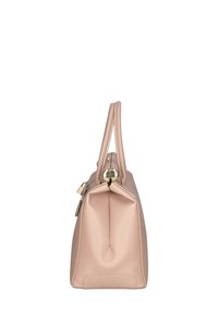 Borsa a mano in pelle rosa pallido con doppio manico superiore, dettagli in metallo dorato e forma strutturata. Superficie texturizzata con una leggera lucentezza.