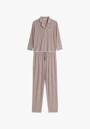 Taupe długi rękaw koszula nocna z guzikami z białymi wypustkami oraz dopasowane spodnie ze sznurkiem leżące płasko na białym tle.