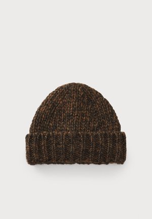 Knit beanie in dark brown with lighter flecks. Features a ribbed cuff at the base, showcasing a textured pattern throughout the fabric.