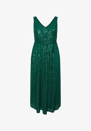 Vihreä paljettimekko, jossa on V-aukkonen kaula-aukko, olkaimeton muotoilu ja sidottava vyö, joka korostaa virtaavaa siluettia ja kiiltävää pintaa.