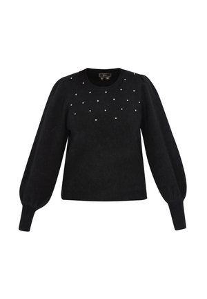 Pulover negru tricotat cu mâneci lungi evazate, guler rotund și strasuri aplicate pe față pentru un plus de textură și detaliu.