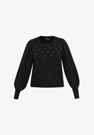 Mustvalge kootud kampsun puffidega pikkade varrukatega, ümmargune kaelus ja esiküljel rakendatud lainetajad, mis lisavad tekstuuri ja detaile.