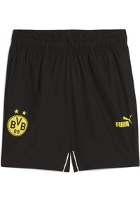 Sorte træningsshorts lavet af letvægtsmateriale, med gule logoer: "BVB 09" med stjerner og "PUMA" ved kanten, hvide accenter på siderne.