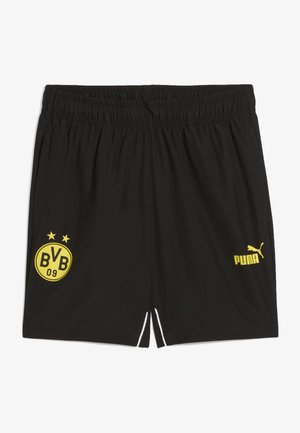 Czarne spodenki sportowe z lekkiego materiału, z żółtymi logo: "BVB 09" z gwiazdkami oraz "PUMA" na hemie, białe akcenty po bokach.