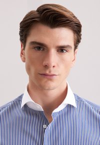 Giovane uomo con capelli castani ben pettinati, che indossa una camicia a righe blu e bianche con colletto bianco, in posizione frontale con un'espressione neutra.