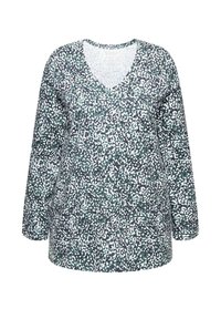 Langärmeliges V-Neck-Top mit dunklem Hintergrund und einem verstreuten Muster aus mintgrünen und weißen Punkten, hergestellt aus weichem, leichtem Stoff.