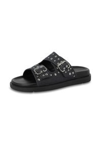 Dark denim slide sandal with two adjustable straps, silver buckles, and studded accents. Black rubber sole with textured traction.