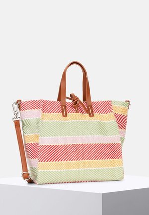 Sac fourre-tout rectangulaire avec motif à rayures diagonales en rouge, vert, jaune et rose, doté de poignées en cuir marron et d'une bandoulière détachable.
