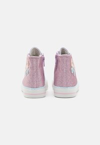 Pink glitter ankle boots with side zippers, blue and pink accents, and butterfly appliqués. Textured material with a white sole.