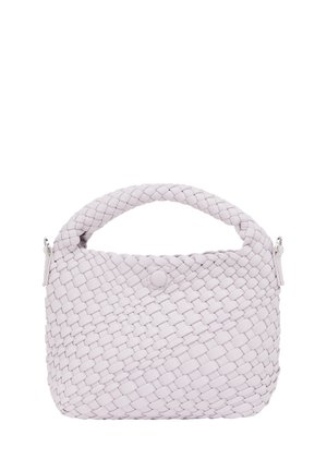 Geweven leren handtas in licht lavendel, met een afgeronde handgreep, gesloten met een knoopsluiting en een klein ritsdetail aan de zijkant.