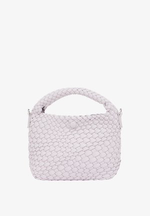 Borsa in pelle intrecciata di colore lavanda chiaro, con manico arrotondato, chiusa con un bottone e dotata di un piccolo dettaglio con zip sul lato.