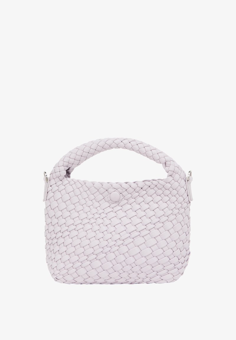 Kudotut nahka käsilaukku vaaleassa laventelivärissä, jossa on pyöreä kahva, joka on varustettu napilla suljettuna ja pienellä vetoketjuyksityiskohdalla sivussa.