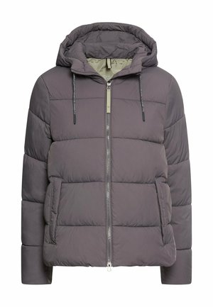 Grau gefütterte Jacke mit einem Reißverschluss vorne, verstellbare Kapuze, zwei Seitentaschen und gestepptem Design. Weiches, leichtes und isoliertes Material.