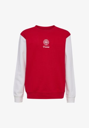 Rot-weißes Sweatshirt mit langen Ärmeln, mit dem Logo des Dänischen Fußballverbandes und dem Markennamen Hummel auf der Brust, im Rundhalsausschnitt-Stil.