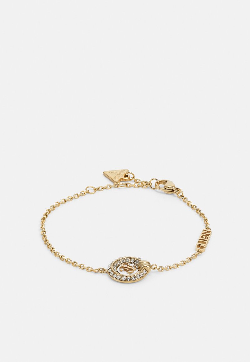 Gold-toned chain bracelet featuring a circular clasp adorned with clear rhinestones and a small tag marked "GAP." Chain design is delicate.