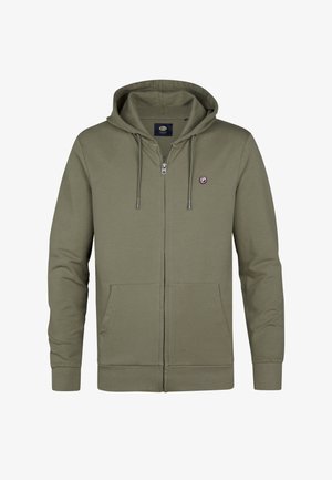 Olivgrüne Kapuzenjacke mit Reißverschluss aus weichem Stoff, ausgestattet mit einer Vordertasche, einer Kordelzugkapuze und einem kleinen Logo auf der Brust.