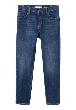 Jean en denim bleu foncé avec une coupe slim, cinq poches, et une fermeture classique à bouton et fermeture éclair. Le tissu a une texture lisse, légèrement délavée.