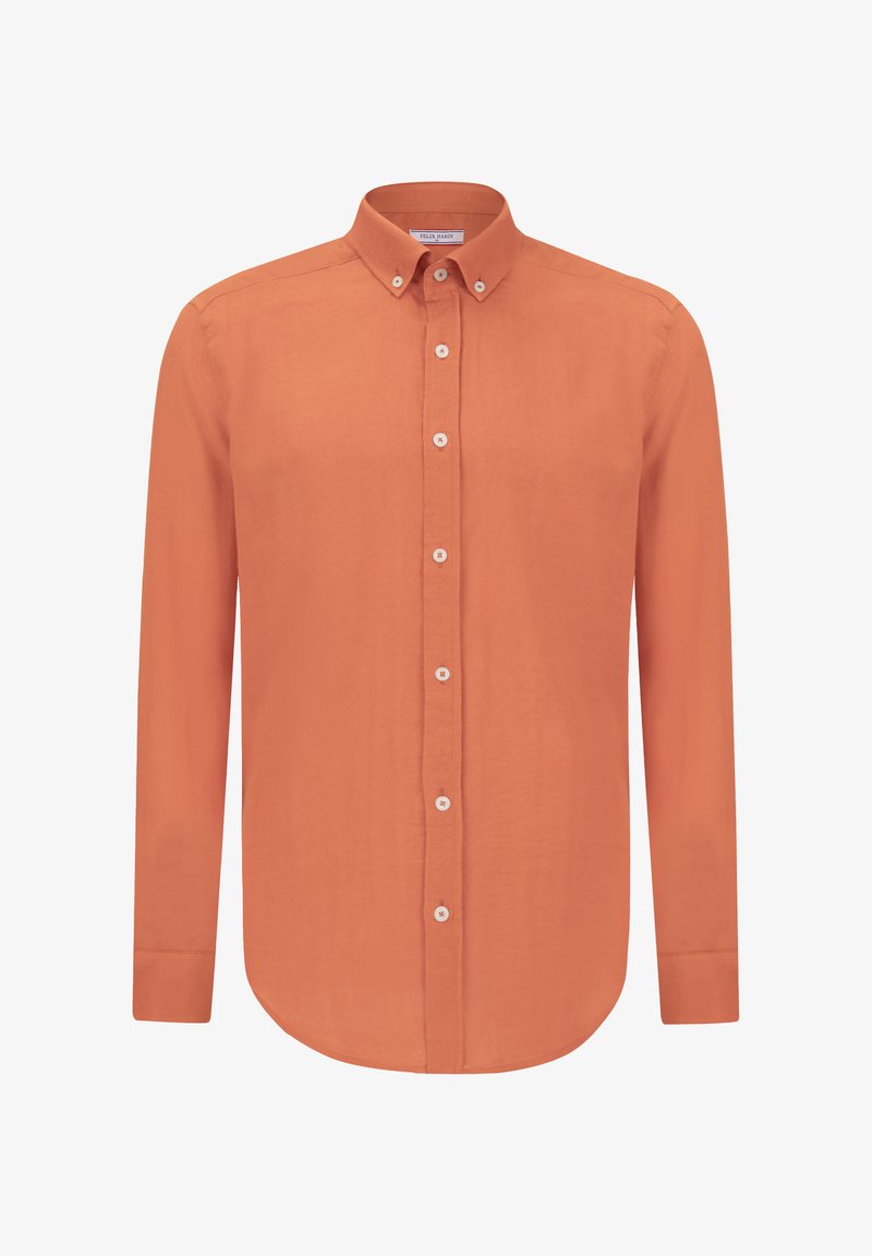 Langärmliges Hemd mit Knopfverschluss aus hellorangefarbenem Leinen. Mit einem Button-Down-Kragen, einer Frontleiste mit weißen Knöpfen und einem abgerundeten Saum.