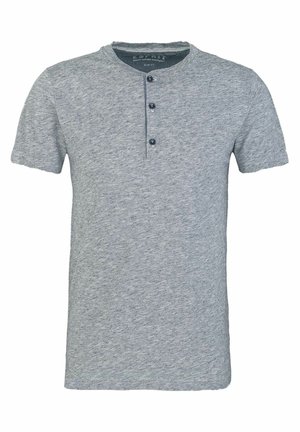 T-shirt Henley gris à manches courtes en tissu texturé, avec un col rond, une patte de boutonnage à trois boutons et une coupe ajustée.