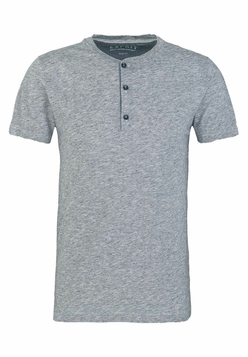 Graues kurzärmeliges Henley-T-Shirt aus strukturiertem Stoff, mit Rundhalsausschnitt, Knopfleiste mit drei Knöpfen und schlanker Passform.