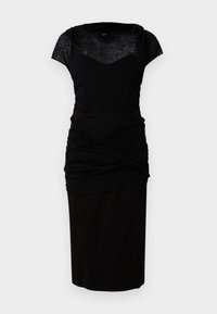 Zwarte jurk met een getailleerde bustier en korte mouwen, voorzien van een gestructureerde bovenlaag en een geplooide onderste sectie. Glad, knielang rokje.