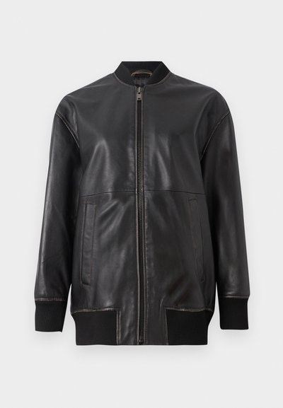 Black leather bomber jacket with a front zipper, ribbed collar, long sleeves, and two side pockets; smooth texture with visible stitching details.