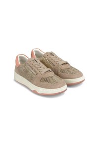 Beige suede sneakers featuring a textured mesh upper with gold accents, lace-up design, and a white rubber sole with a pinkish hue.