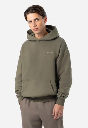 Olive green hoodie with a front pocket, ribbed cuffs, and a drawstring hood. Features a small white logo on the chest.