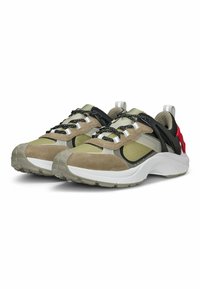 Lightweight sneakers featuring a mix of olive green and tan suede, black accents, mesh panels, and a white, textured sole with multi-directional tread.