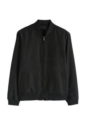 Schwarze Bomberjacke mit Reißverschluss, mit geripptem Kragen, Bündchen, Bund und zwei Seitentaschen, dargestellt auf weißem Hintergrund.