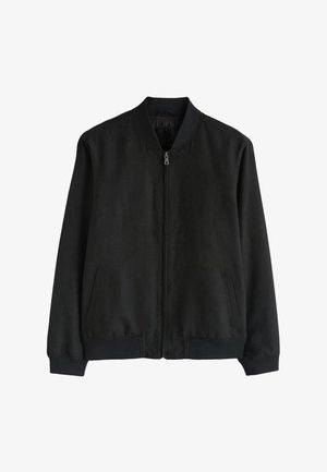 Schwarze Bomberjacke mit Reißverschluss, mit geripptem Kragen, Bündchen, Bund und zwei Seitentaschen, dargestellt auf weißem Hintergrund.