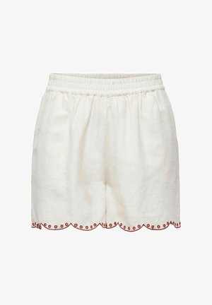 Shorts en coton crème avec une taille élastique, mettant en valeur un ourlet festonné accentué par des surpiqûres rouges et de petits détails en œillets.