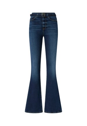 Jeans in denim blu scuro a campana con vita alta, dotati di dettagli cuciti, tasche frontali e una fibbia per cintura impreziosita da argento.