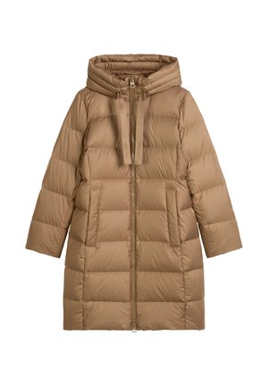 Bruine pufferjas met een capuchon, voorzien van een rits aan de voorkant, grote zakken en gequiltte vierkanten. Glad, lichtgewicht materiaal met een matte afwerking.