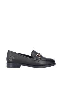 Mocassins en cuir noir avec une surface lisse, semelle plate et une boucle décorative en ton doré. Présente un emblème de logo sur le côté extérieur.