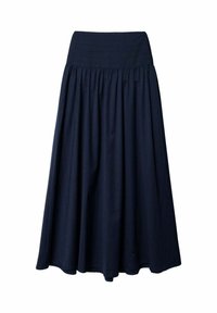 Falda azul marino, hasta la rodilla, hecha de una tela suave con un diseño fruncido y una amplia cintura elástica para mayor comodidad y libertad de movimiento.