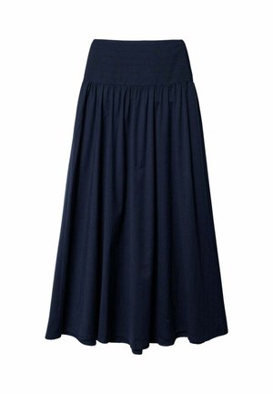 Jupe bleu marine, jusqu'aux genoux, en tissu doux avec un design froncé et une large taille élastique pour le confort et la liberté de mouvement.