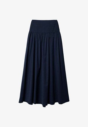 Falda azul marino, hasta la rodilla, hecha de una tela suave con un diseño fruncido y una amplia cintura elástica para mayor comodidad y libertad de movimiento.