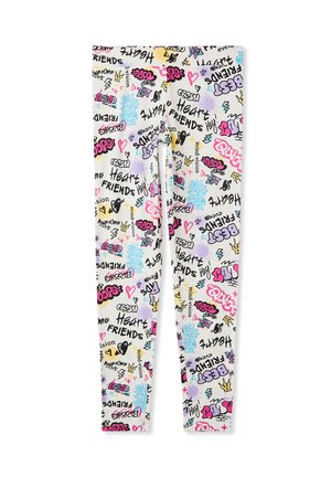 Leggings con uno sfondo bianco impreziosito da stampe colorate in stile graffiti, nei toni di rosa, blu, nero e dettagli pastello.