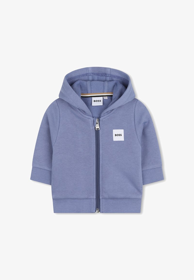 Felpa con cappuccio blu con zip, realizzata in morbido cotone, con una piccola toppa con logo bianco sul petto sinistro e polsini e orlo a coste.