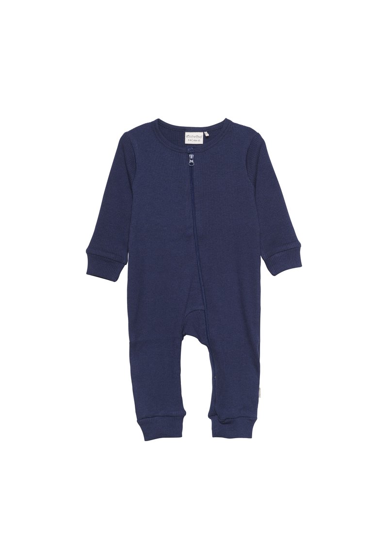 Donkerblauwe, geribbelde lange mouw romper met een rits aan de voorkant en aansluitende manchetten, ontworpen voor comfort en gebruiksgemak.