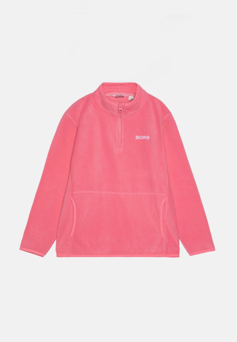 Pullover in fleece rosa con colletto alto, zip a metà, e tasca frontale. Presenta un logo sottile e cuciture a contrasto sui bordi.