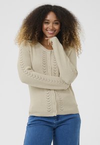 Beige knitted cardigan with a textured design, featuring a row of buttons, openwork patterns on sleeves, and ribbed hem and cuffs.