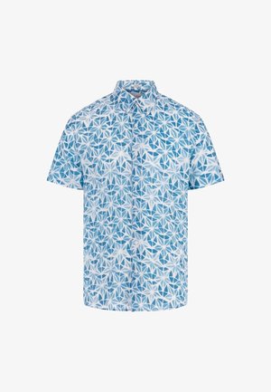 Niebieska koszula z krótkim rękawem z geometrycznym wzorem liści, wykonana z lekkiego materiału, z kołnierzykiem zapinanym na guziki i białymi guzikami.
