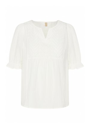 Blusa blanca con escote en V, mangas cortas abullonadas y un canesú texturizado con bordado en forma de chevron. Tejido suave con un corte holgado.